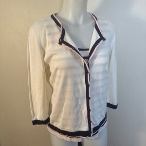 Talbots Medium Cardigan Sweater Twin Set Cream Pink Black Set Striped Tank Top M